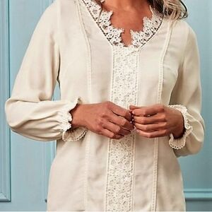 Soft Surroundings Women's Boho Lace Embroidered Lace Long Sleeve Blouse Top Sz M